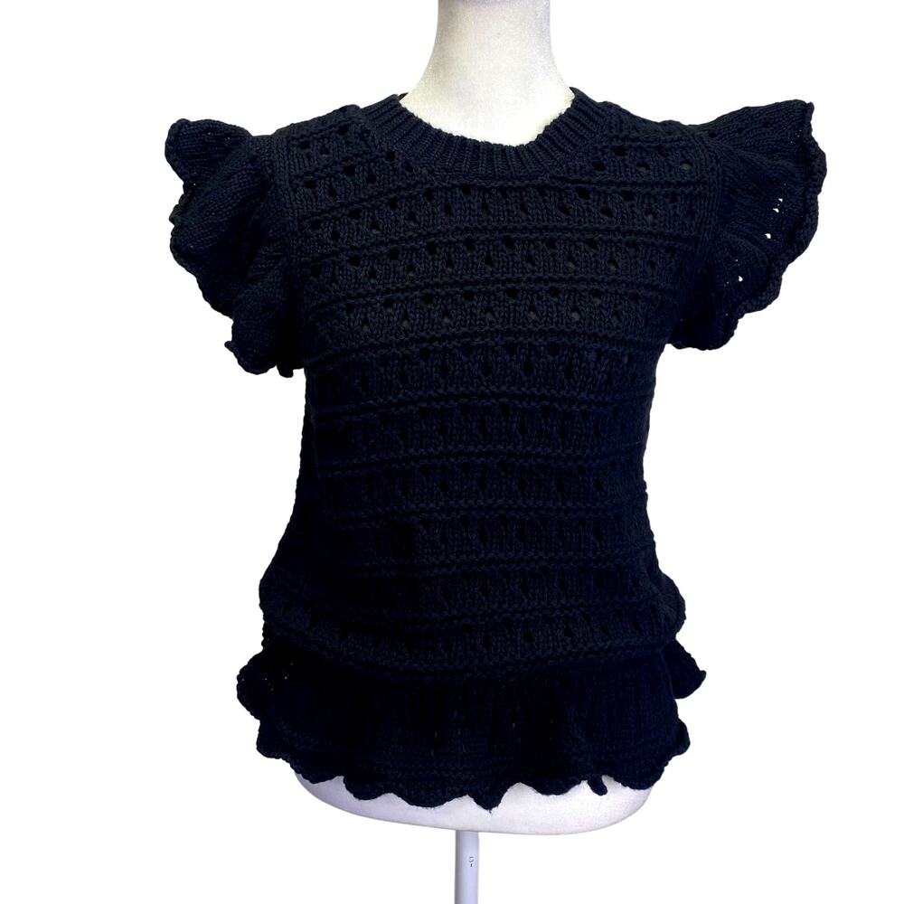 bohme Black Crochet Knit Ruffle Sleeve Top